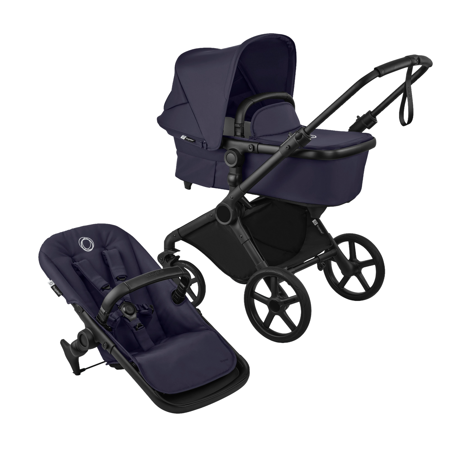 Bugaboo cub pushchair in deep indigo navy complete with matching accessories and atonb2 car seat and base.