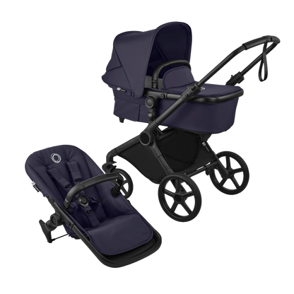 Bugaboo cub pushchair in deep indigo navy complete with matching accessories and atonb2 car seat and base.