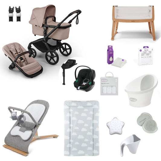 Bugaboo Pushchair & carrycot in desert taupe with accessories, complete with all babies essential including car seat, crib, bath and bath time accessories.