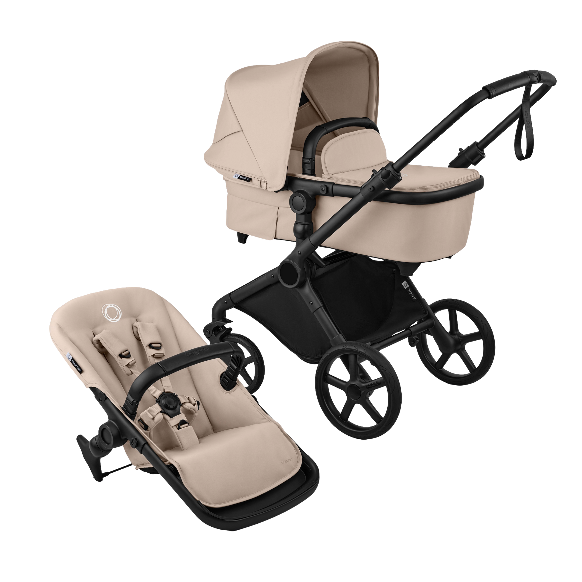 Bugaboo cub pushchair in desert taupe beige complete with matching accessories and atonb2 car seat and base.