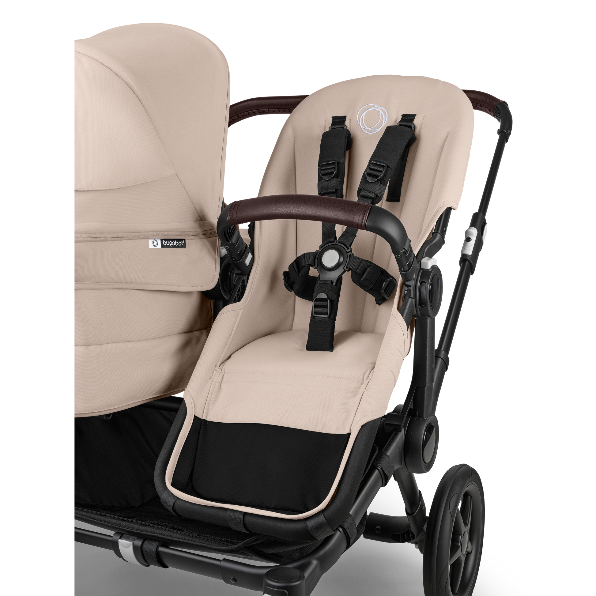 Desert Taupe Bugaboo Donkey 5 stroller with 2 x seat and 1 x carrycot fabrics, designed for easy folding and adaptable for mono, duo or twin configurations.