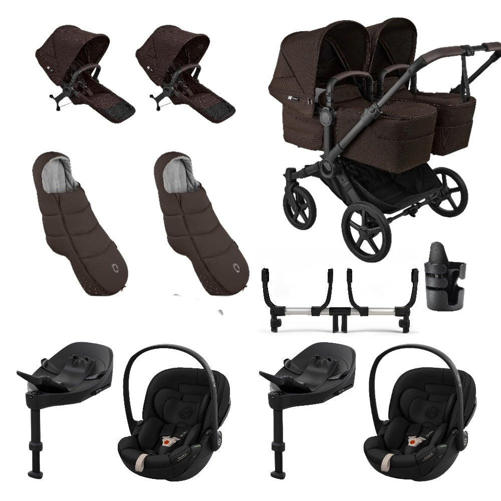 Bugaboo Donkey Twin travel system in cocoa brown colour with matching accessories and cybex cloud s car seats and isofix bases.