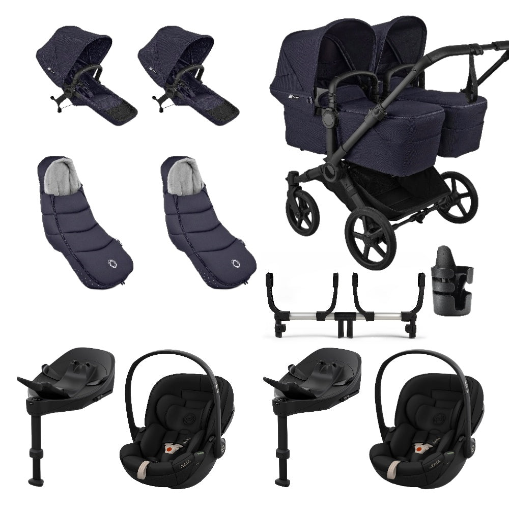 Bugaboo Donkey Twin travel system in deep indigo navy colour with matching accessories and cybex cloud s car seats and isofix bases.