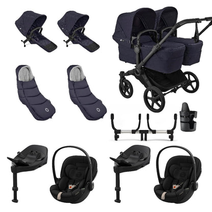 Bugaboo Donkey Twin travel system in deep indigo navy colour with matching accessories and cybex cloud s car seats and isofix bases.