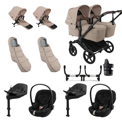 Bugaboo Donkey Twin travel system in desert taupe beige colour with matching accessories and cybex cloud s car seats and isofix bases.