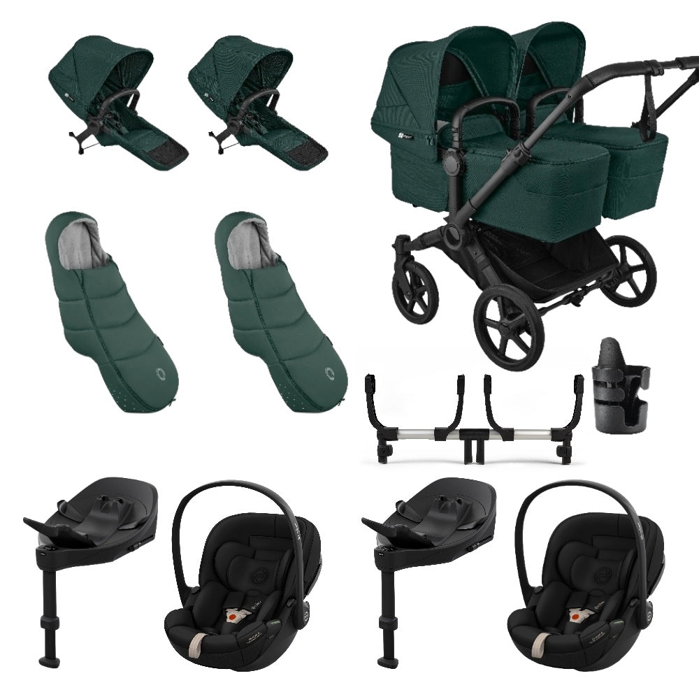 Bugaboo Donkey Twin travel system in fern green colour with matching accessories and cybex cloud s car seats and isofix bases.