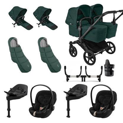 Bugaboo Donkey Twin travel system in fern green colour with matching accessories and cybex cloud s car seats and isofix bases.
