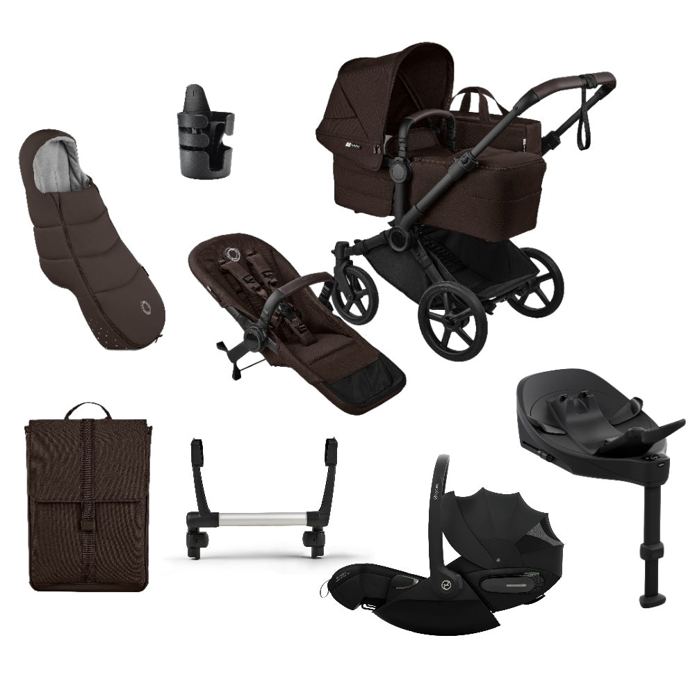 Bugaboo Donkey single travel system in cocoa brown colour with matching accessories and cybex cloud  car seat and isofix base.