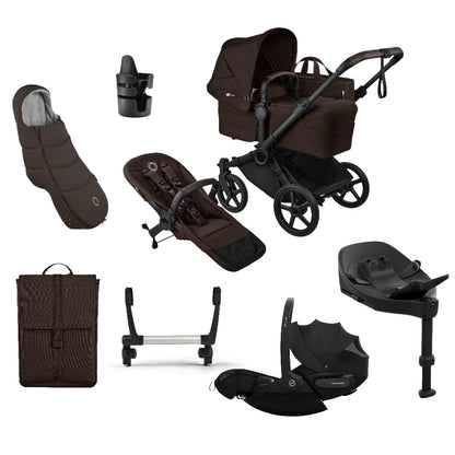 Bugaboo Donkey single travel system in cocoa brown colour with matching accessories and cybex cloud  car seat and isofix base.