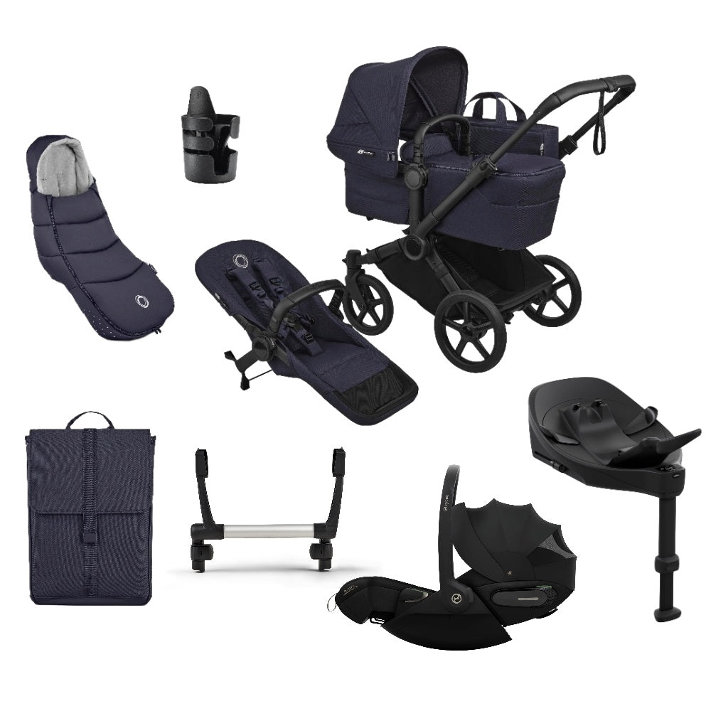 Bugaboo Donkey single travel system in deep indigo navy colour with matching accessories and cybex cloud  car seat and isofix base.