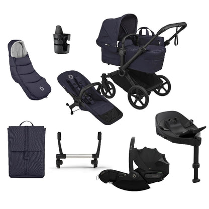 Bugaboo Donkey single travel system in deep indigo navy colour with matching accessories and cybex cloud  car seat and isofix base.