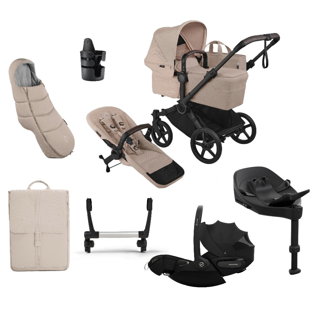 Bugaboo Donkey single travel system in desert taupe beige colour with matching accessories and cybex cloud  car seat and isofix base.