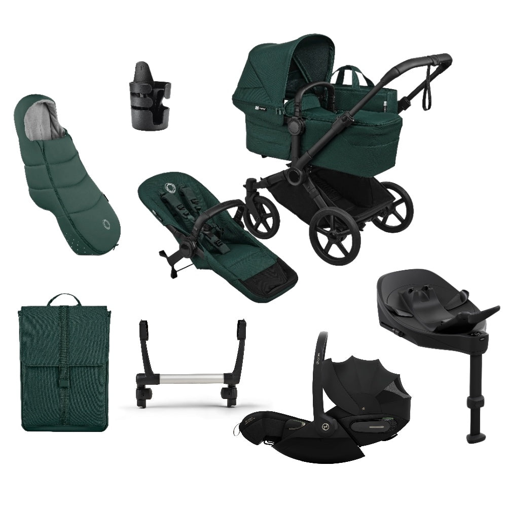 Bugaboo Donkey single travel system in fern dark green colour with matching accessories and cybex cloud  car seat and isofix base.