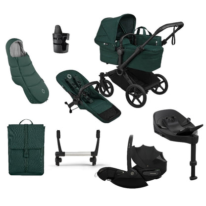 Bugaboo Donkey single travel system in fern dark green colour with matching accessories and cybex cloud  car seat and isofix base.
