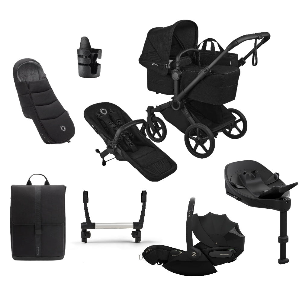 Bugaboo Donkey single travel system in heritage black colour with matching accessories and cybex cloud  car seat and isofix base.