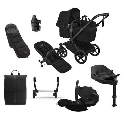 Bugaboo Donkey single travel system in heritage black colour with matching accessories and cybex cloud  car seat and isofix base.