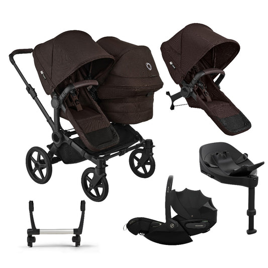 Bugaboo Donkey double travel system in cocoa brown colour with cybex cloud s car seat and isofix base.