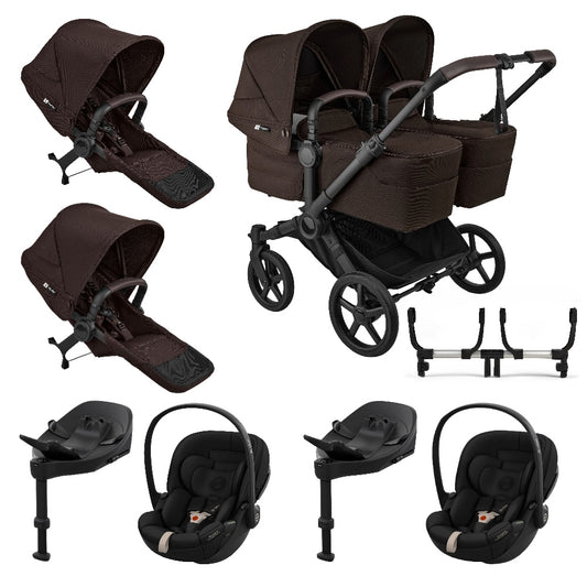 Bugaboo Donkey twin travel system in cocoa brown colour, complete with 2 cybex cloud s car seats and isofix bases.
