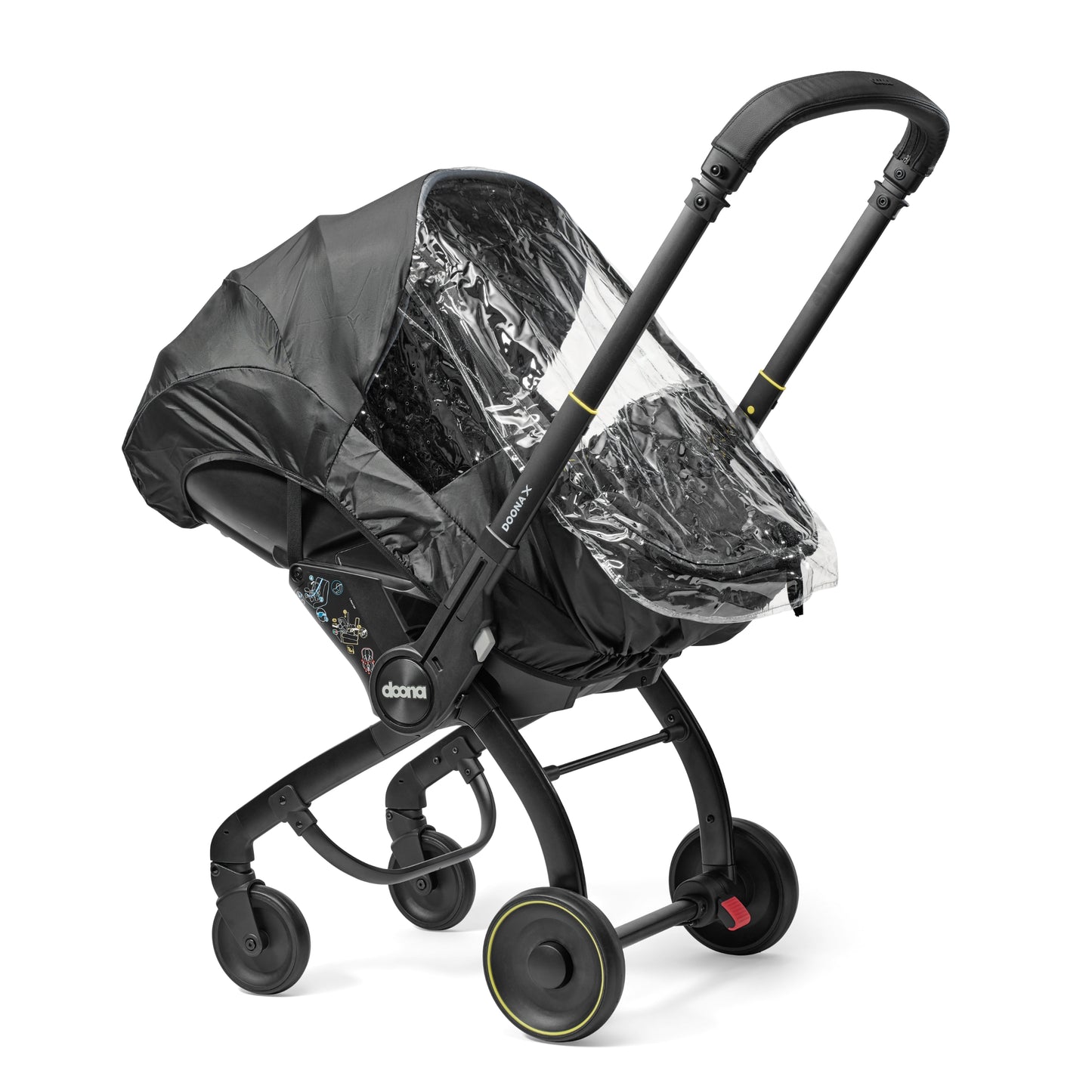 A black stroller  car seat with a clear protective cover, specifically designed for use with a Doona car seat in rainy conditions.