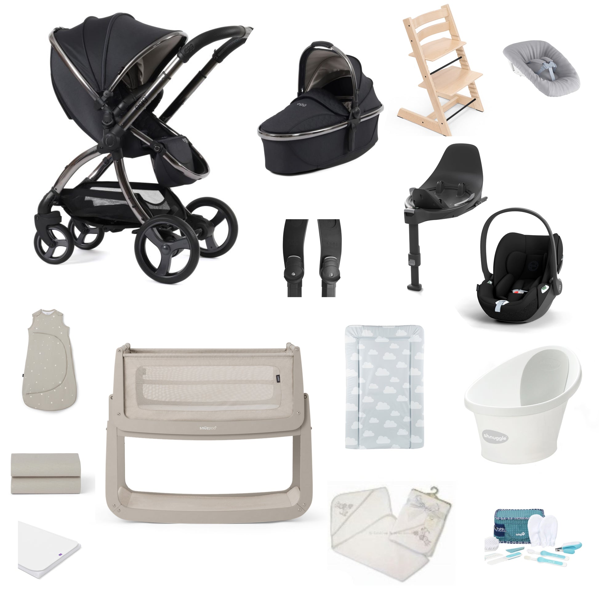 Egg 3 Pushchair & carrycot in carbonite, complete with all babies essential including car seat, tripp trapp highchair, crib and bath.