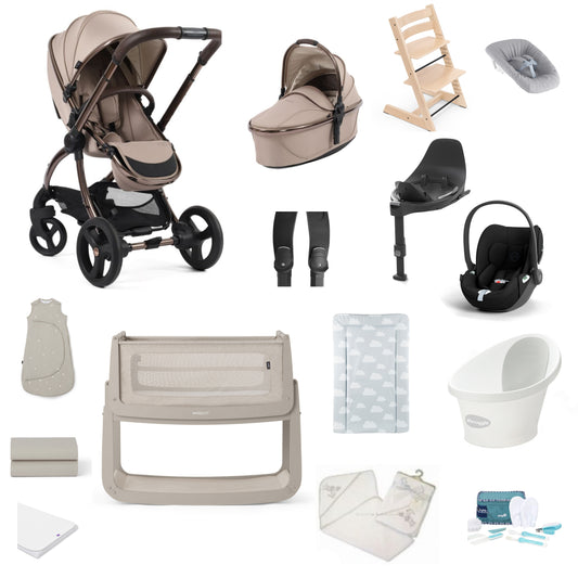 Egg 3 Pushchair & carrycot in houndstooth almond, complete with all babies essential including car seat, tripp trapp highchair, crib and bath.