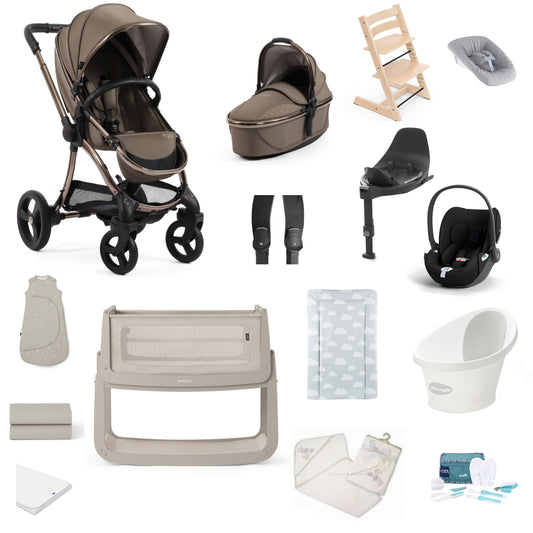 Egg 3 Pushchair & carrycot in mink, complete with all babies essential including car seat, tripp trapp highchair, crib and bath.