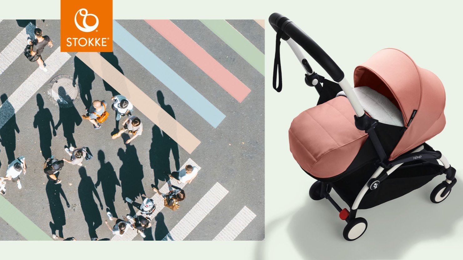 Stokke YoYo3 white chassis with ginger bassinet.