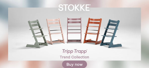 Stokke Tripp Trapp chairs in various colors on a gradient background
