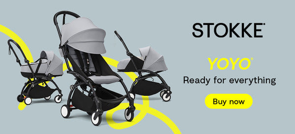 Stokke Yoyo baby stroller with a light blue background and yellow accents.