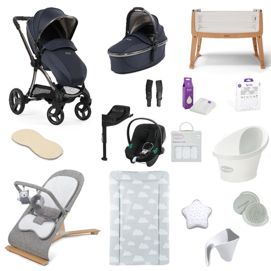 Egg 3 Pushchair & carrycot in Celestial, complete with all babies essential including car seat, crib, bath and bath time accessories.