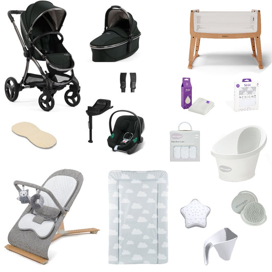 Egg 3 Pushchair & carrycot in Black Olive, complete with all babies essential including car seat, crib, bath and bath time accessories.