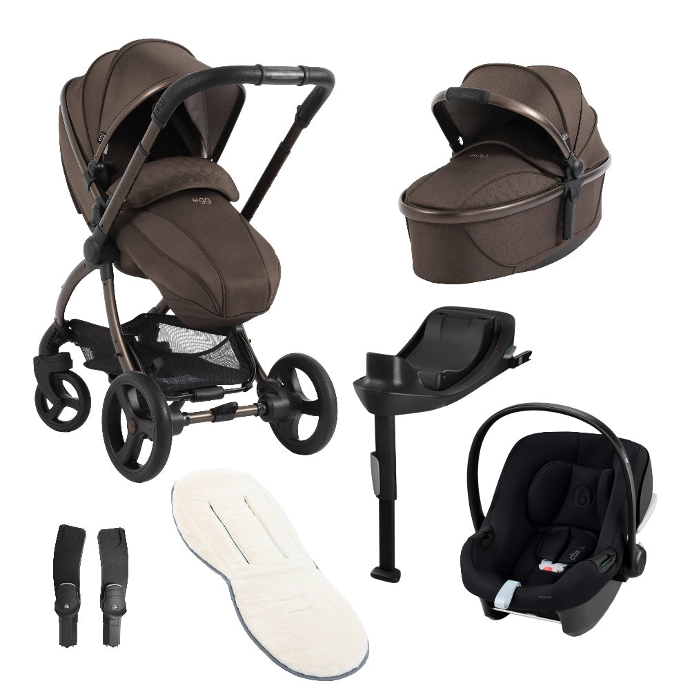 Egg 3 bundle in Chocolate Velvet colourway with accessories and aton b2 car seat and base.