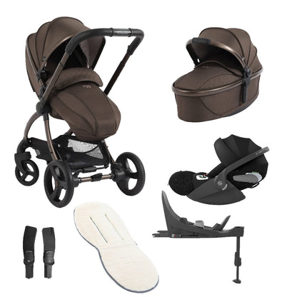 Egg 3 bundle in Chocolate Velvet colourway with accessories and cloud t car seat and base.