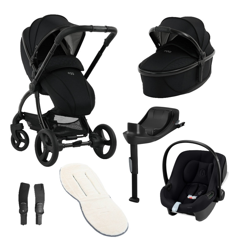Egg 3 bundle in Mink Panther Black with accessories and aton b2 car seat and base.