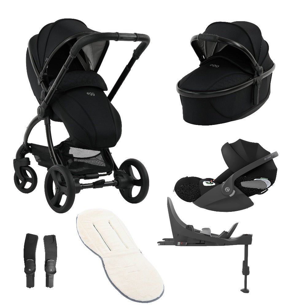Egg 3 bundle in Panther Black colourway with accessories and cloud t car seat and base.