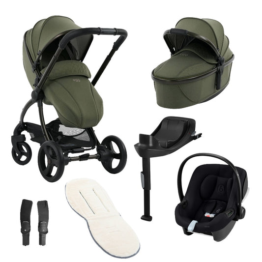 Egg 3 bundle in Sage Green colourway with accessories and aton b2 car seat and base.