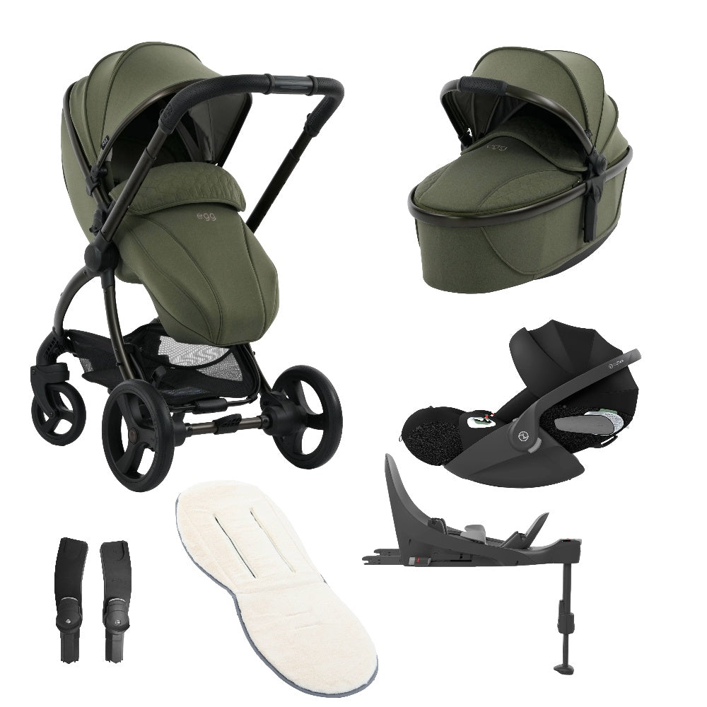 Egg 3 bundle in Sage Green with accessories and cloud t car seat and base.