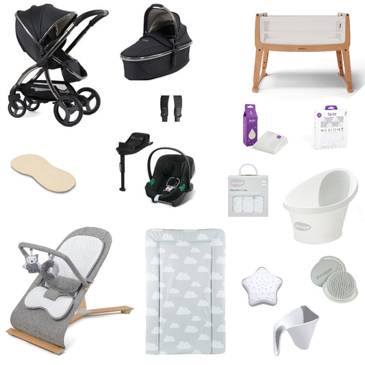 Egg 3 Pushchair & carrycot in Carbonite, complete with all babies essential including car seat, crib, bath and bath time accessories.