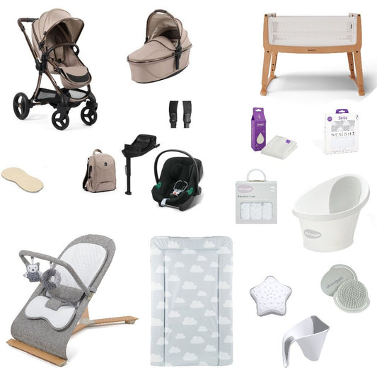 Egg 3 Pushchair & carrycot in Houndstooth Almond, complete with all babies essential including car seat, crib, bath and bath time accessories.