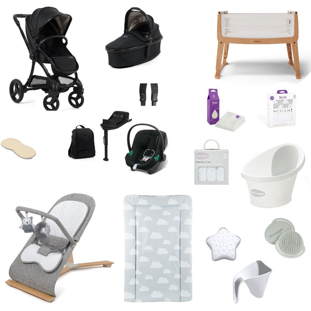 Egg 3 Pushchair & carrycot in Houndstooth Black, complete with all babies essential including car seat, crib, bath and bath time accessories.