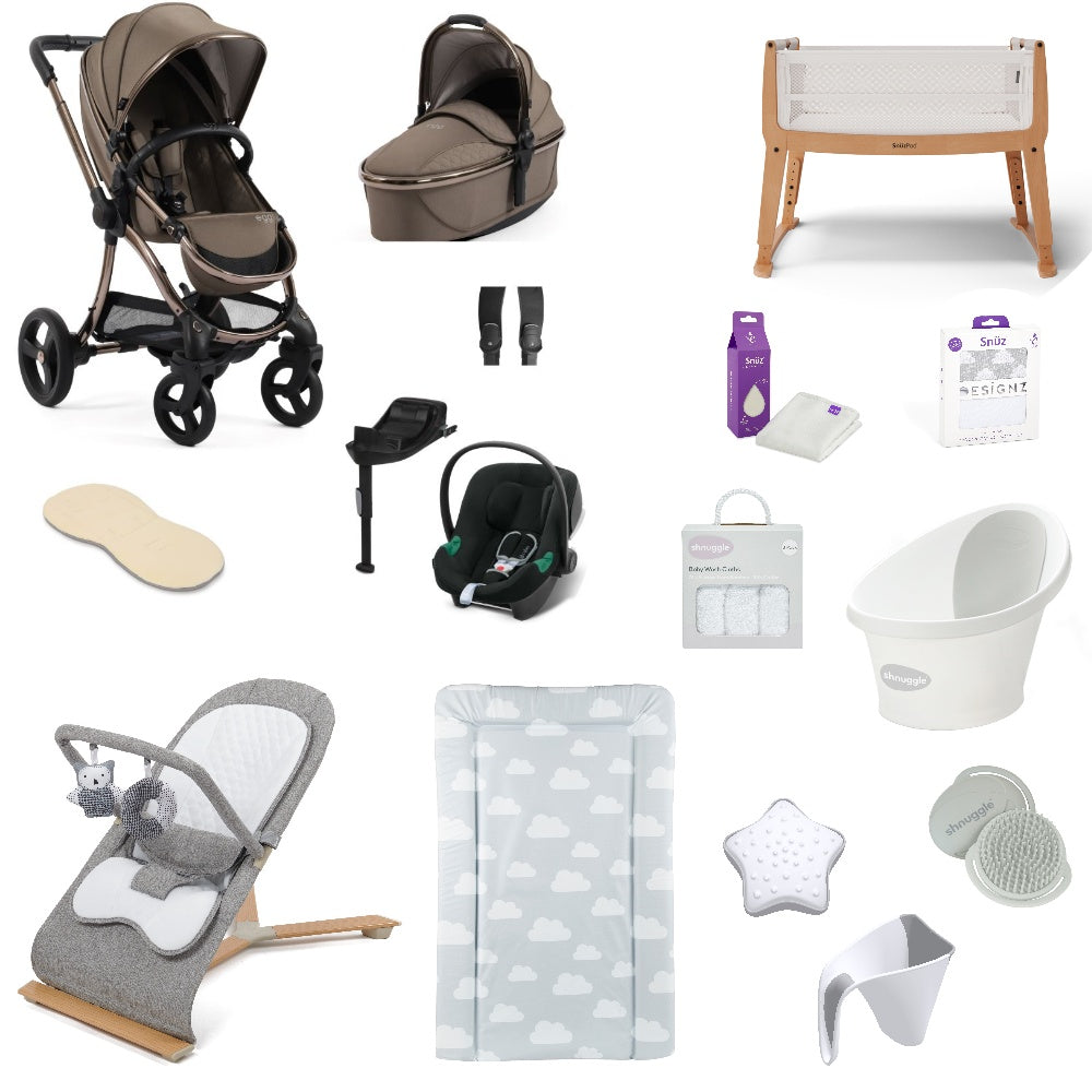 Egg 3 Pushchair & carrycot in Mink, complete with all babies essential including car seat, crib, bath and bath time accessories.