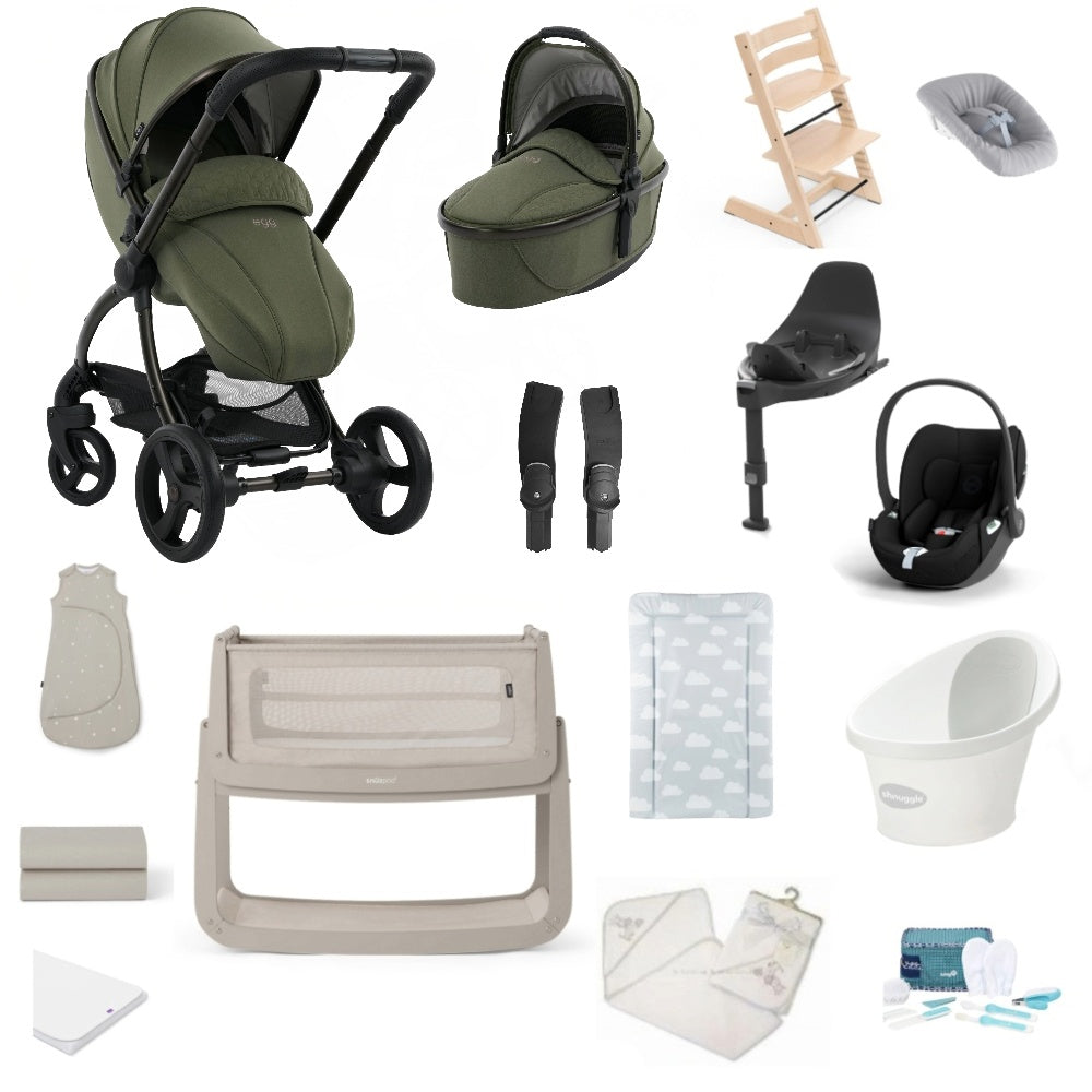 Egg 3 Pushchair & carrycot in Sage Green colourway, complete with all babies essential including car seat, tripp trapp highchair, crib and bath.
