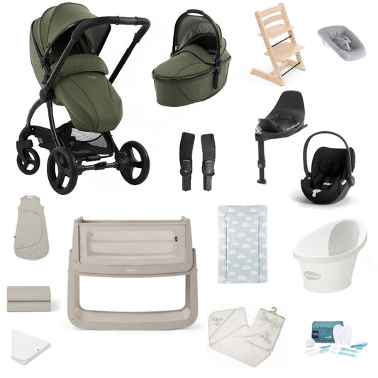 Egg 3 Pushchair & carrycot in Sage Green colourway, complete with all babies essential including car seat, tripp trapp highchair, crib and bath.