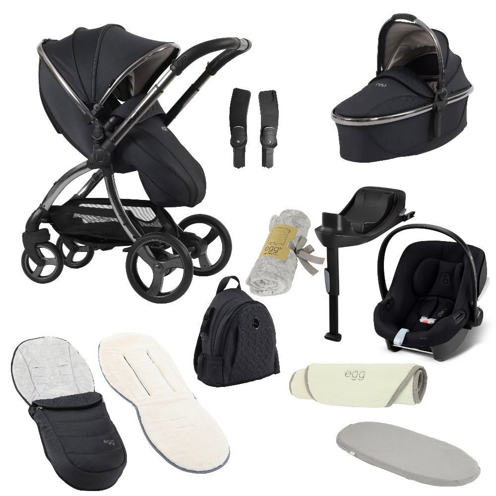 Egg shnuggle bundle in carbonite colourway with cybex aton B2 car seat and base.