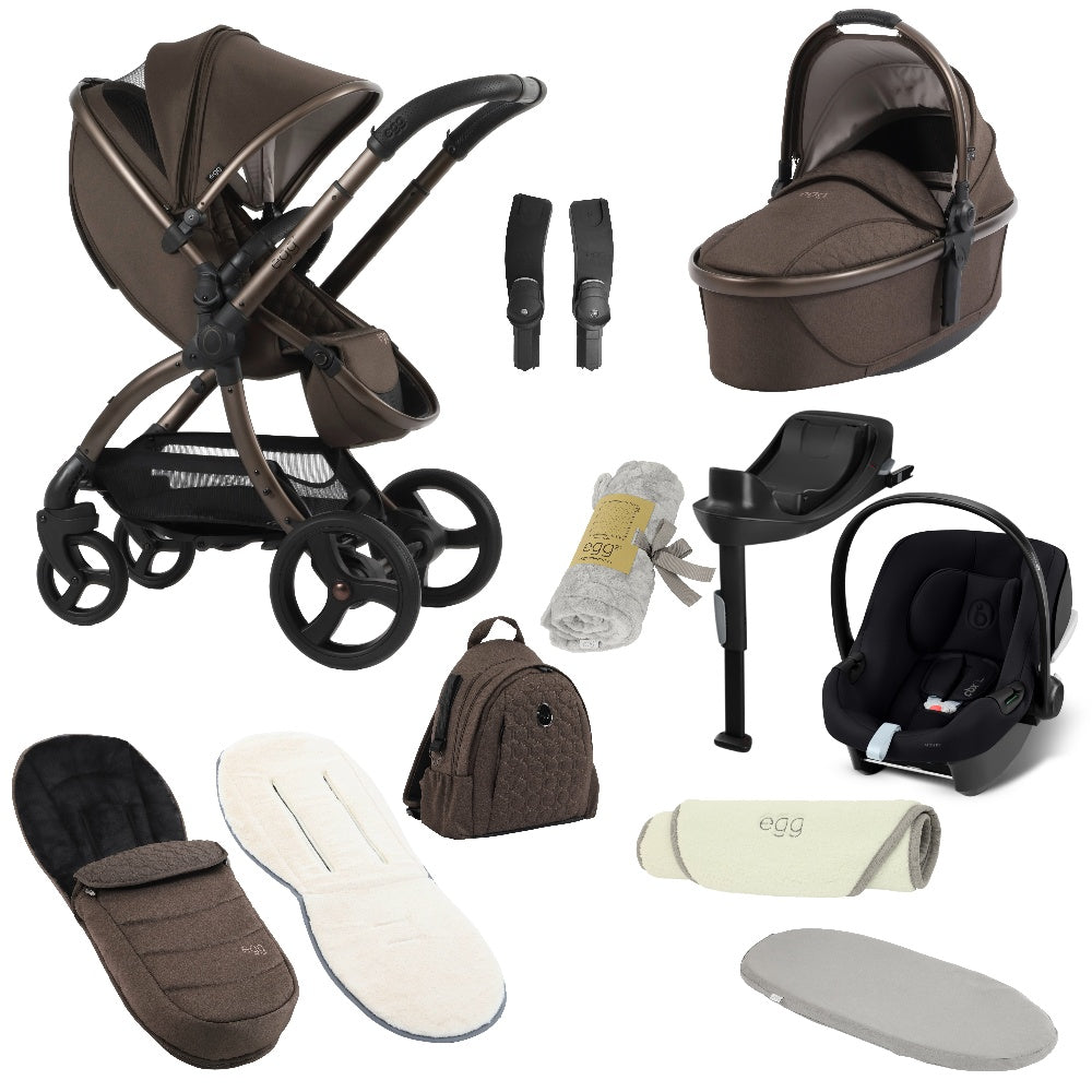 Egg shnuggle bundle in chocolate velvet colourway with cybex aton B2 car seat and base.