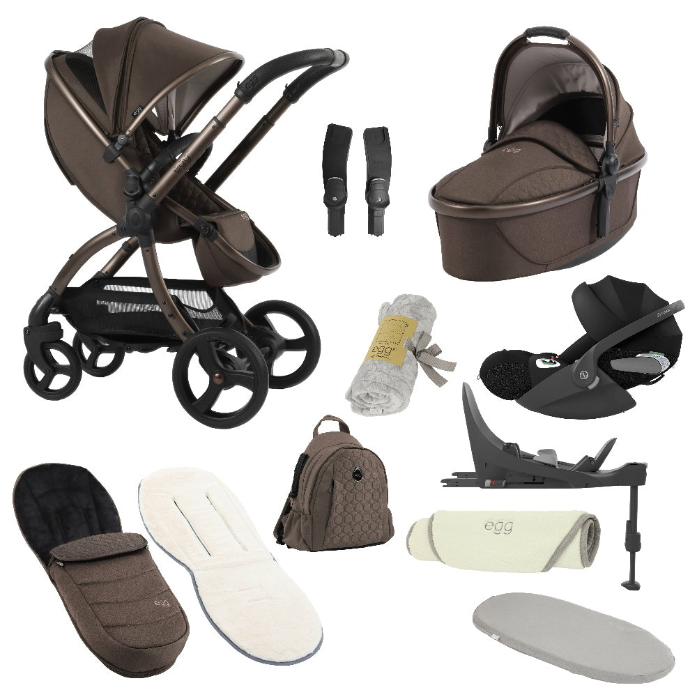 Egg shnuggle bundle in chocolate velvet colourway with cybex cloud t car seat and base.