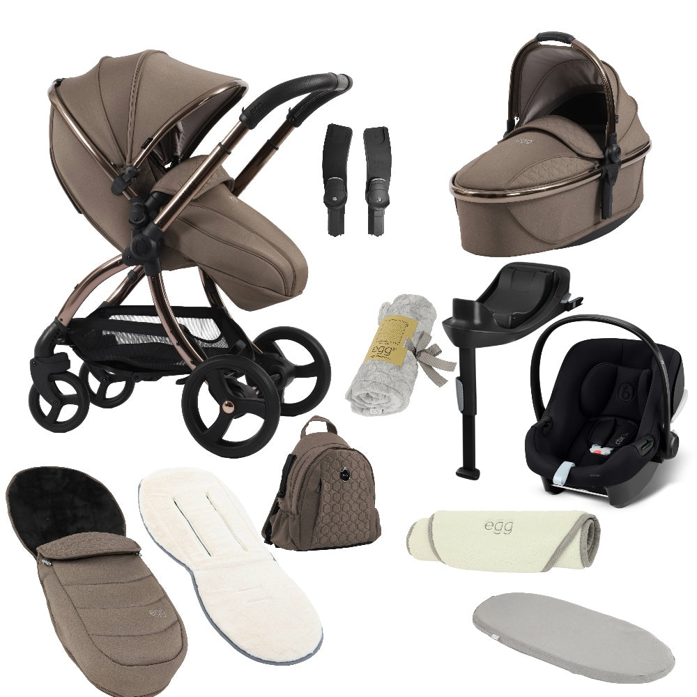 Egg shnuggle bundle in mink colourway with cybex aton B2 car seat and base.