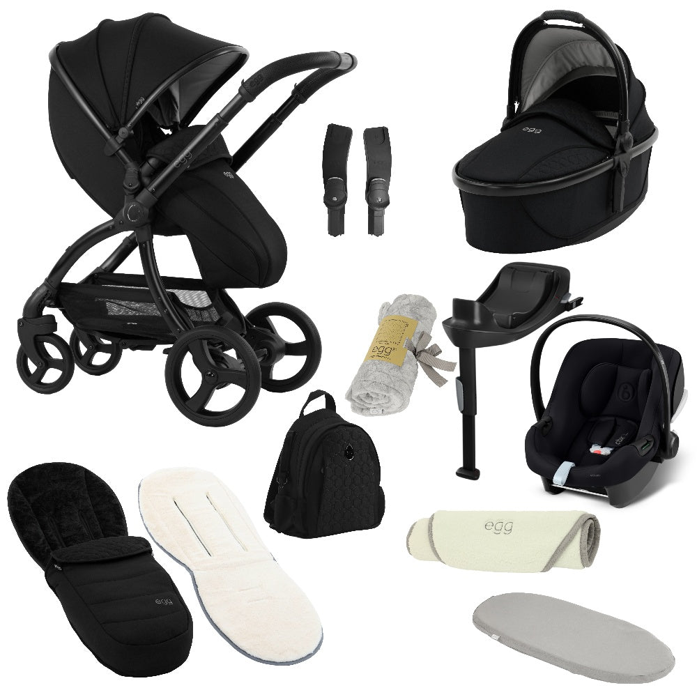 Egg shnuggle bundle in panther black colourway with cybex aton B2 car seat and base.