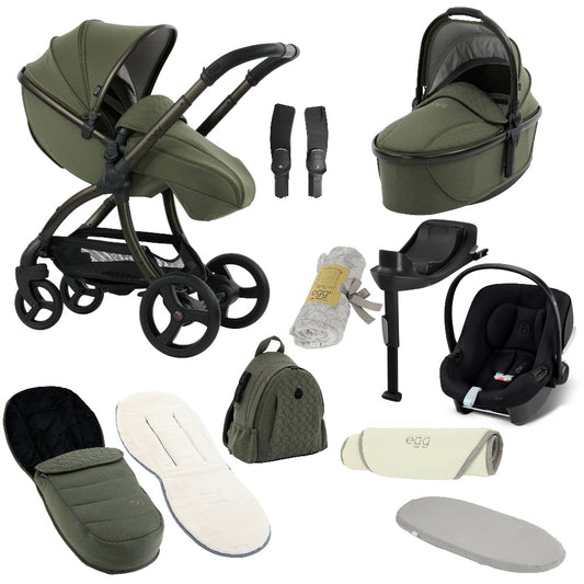Egg shnuggle bundle in sage green colourway with cybex aton B2 car seat and base.