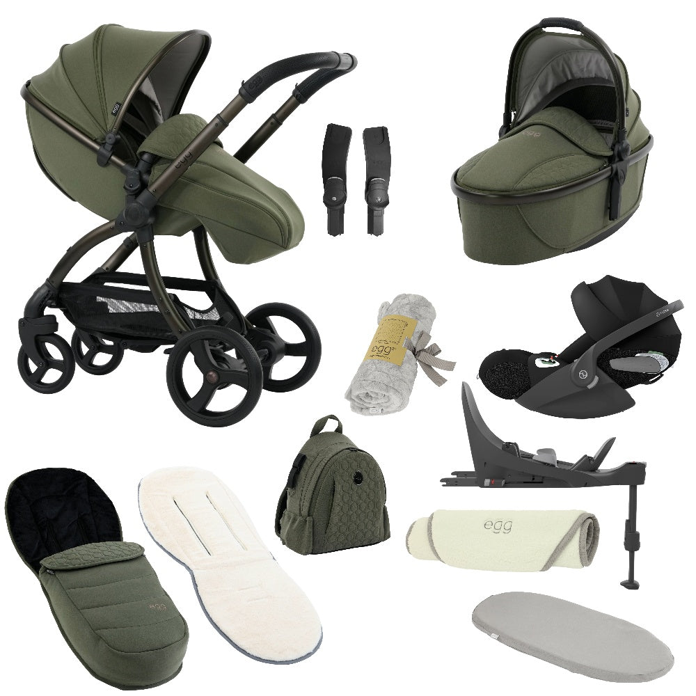 Egg shnuggle bundle in sage green colourway with cybex cloud t car seat and base.